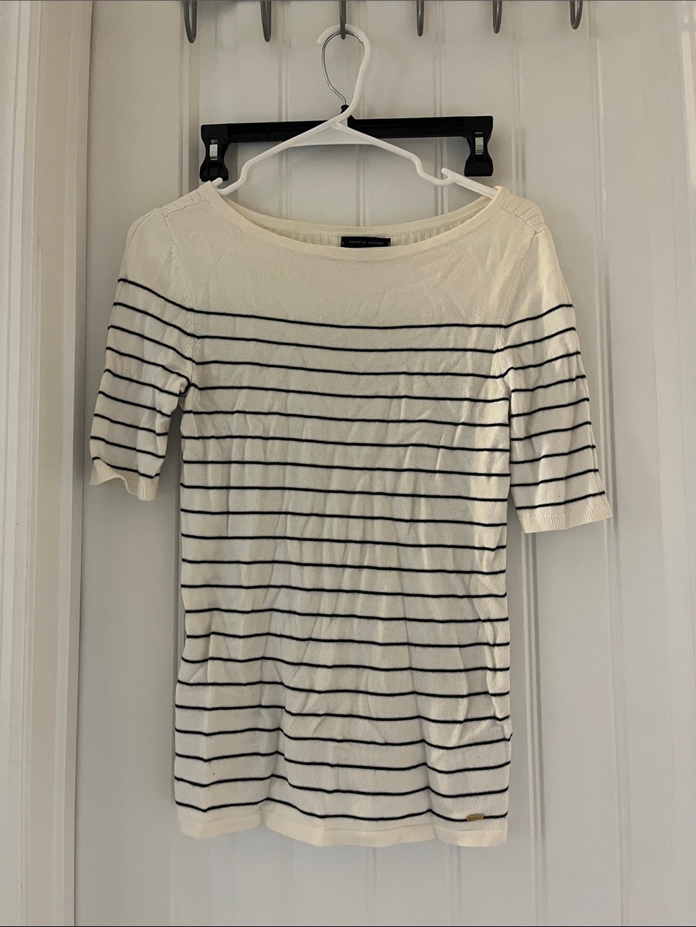 Tommy Hilfiger Ivory Top with Black Stripes - Boatneck Short Sleeve - Picture 2 of 5